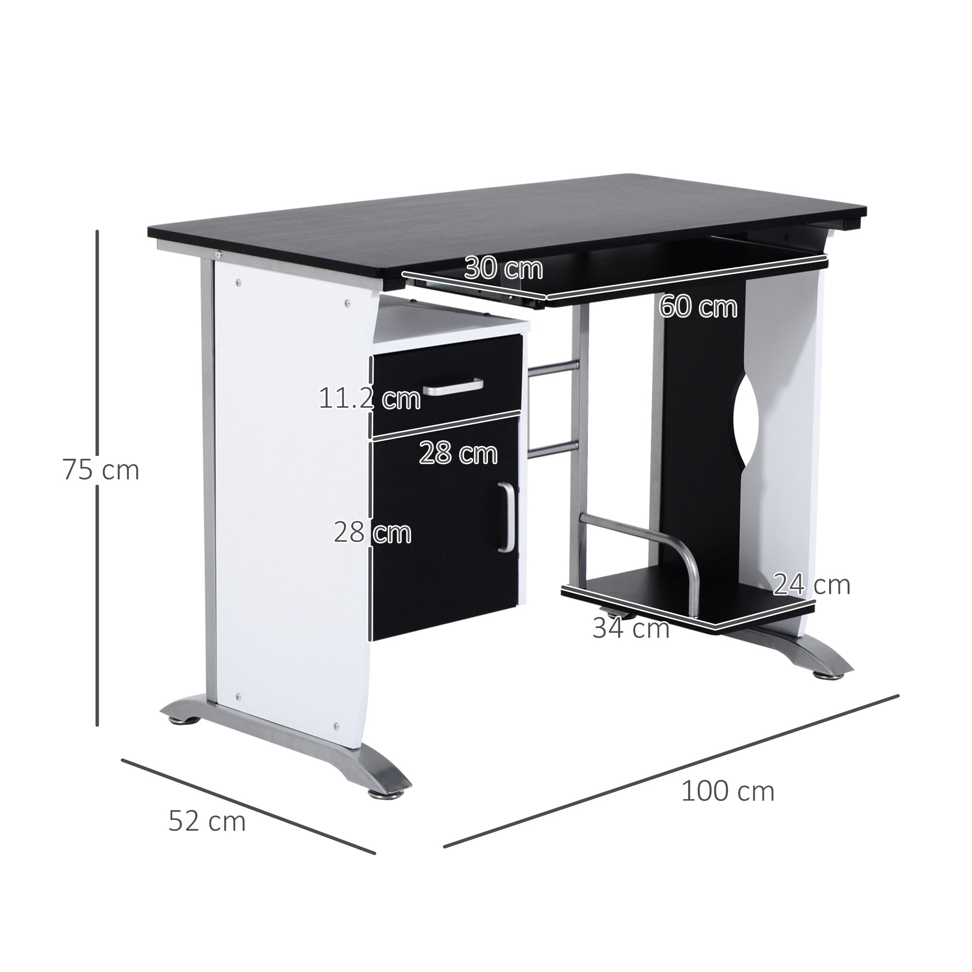 HOMCOM Computer Desk with Sliding Keyboard Tray, Storage Drawers and Host Box Shelf, Home Office Desk, Study Workstation, 100 x 52 x 75cm, Black 