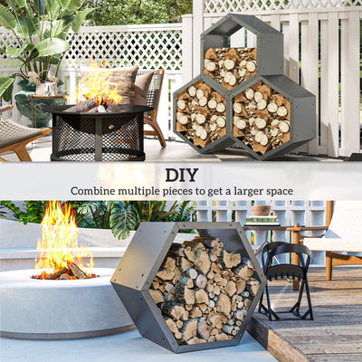 Outsunny Three-Shelf Hexagon Metal Firewood Rack - Grey 
