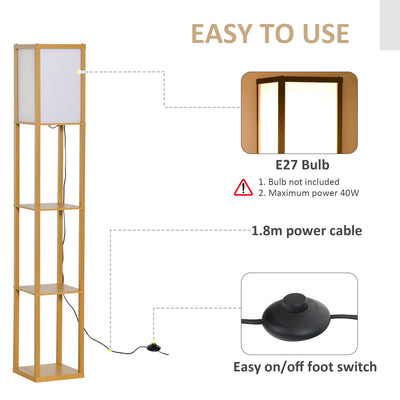 HOMCOM 3-Tier Floor Lamp, Floor Light with Storage Shelf, Reading Standing Lamp with Acrylic Shade for Living Room, Bedroom, Kitchen, Dining Room, Office, Dorm, 160cm, Natural 
