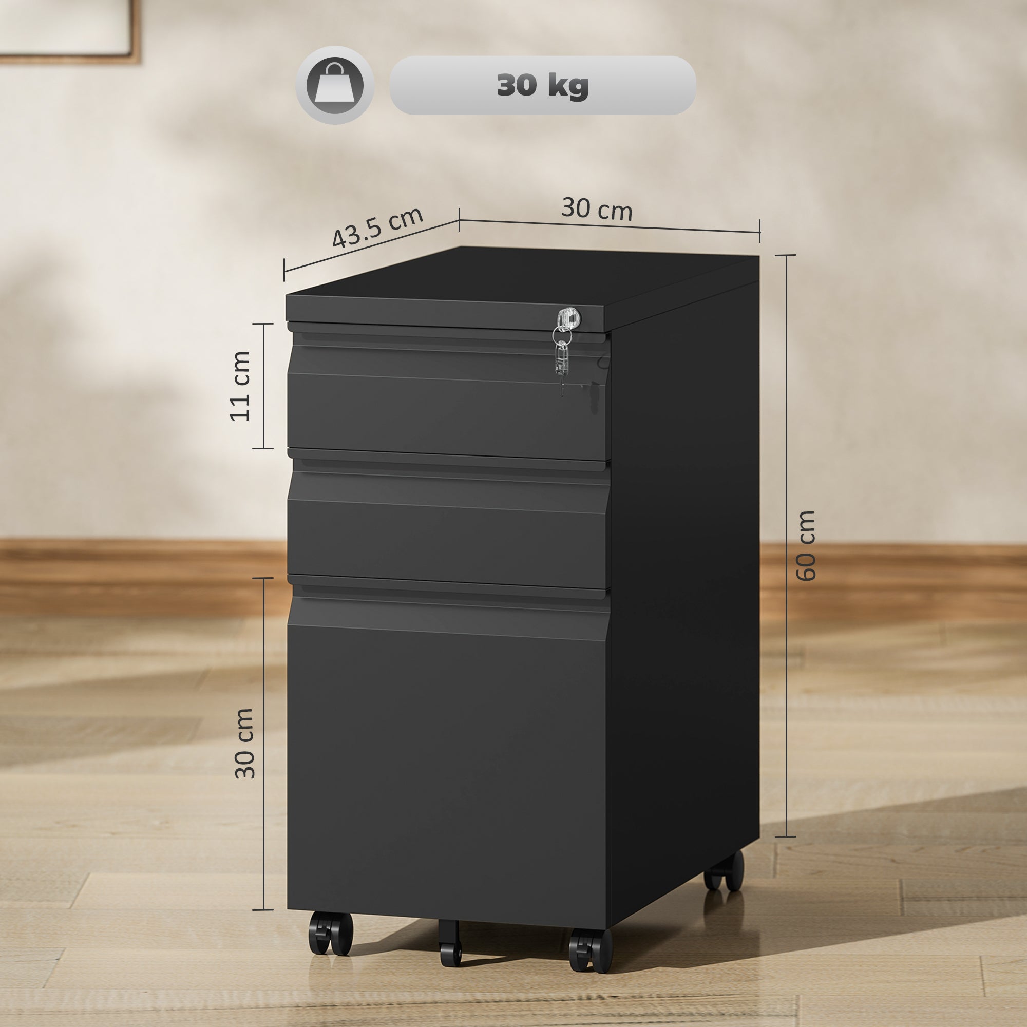 Vinsetto 3-Drawer Steel Filing Cabinet with Lock and Wheels - Black 