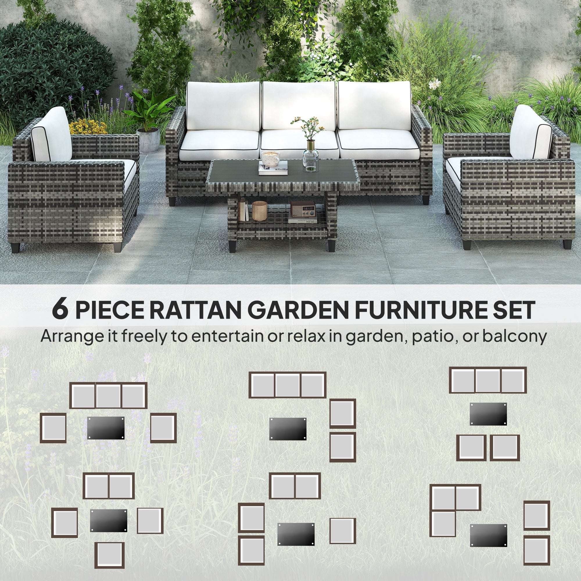 Outsunny 6 Pieces Rattan Garden Furniture Set, 5 Seater Wicker Outdoor Furniture Set with 2 Armchairs, Steel Frame Coffee Table and Cushions for Balcony, Porch, Light Grey 