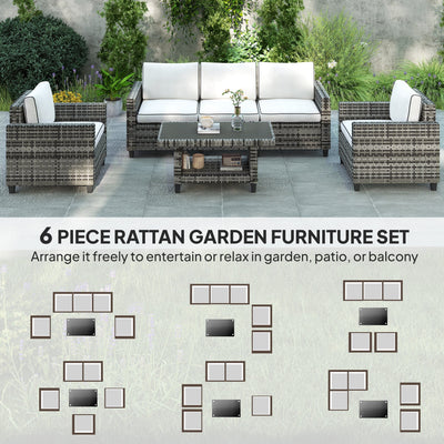 Outsunny 6 Pieces Rattan Garden Furniture Set, 5 Seater Wicker Outdoor Furniture Set with 2 Armchairs, Steel Frame Coffee Table and Cushions for Balcony, Porch, Light Grey 