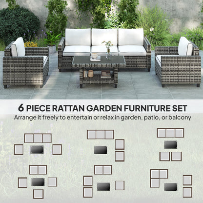 Outsunny 6 Pieces Rattan Garden Furniture Set, 5 Seater Wicker Outdoor Furniture Set with 2 Armchairs, Steel Frame Coffee Table and Cushions for Balcony, Porch, Light Grey 