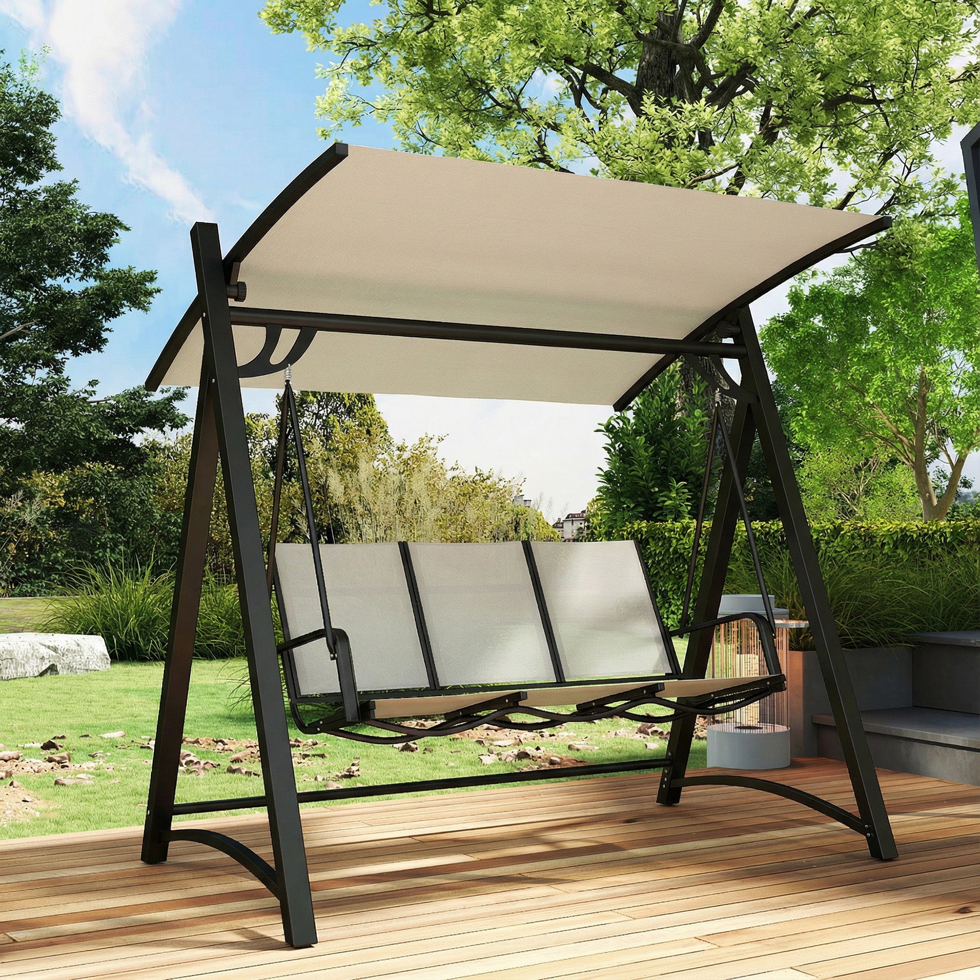 Outsunny 3 Seater Swing Chair, Garden Swing Bench with Adjustable Tilting Canopy, Breathable Mesh Seat 360 kg Capacity, White 