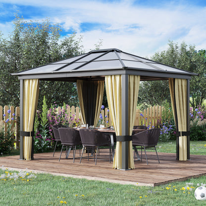 Outsunny 3 x 3.6(m) Hardtop Gazebo Canopy with Polycarbonate Roof and Aluminium Frame, Garden Pavilion with Mosquito Netting and Curtains, Brown 