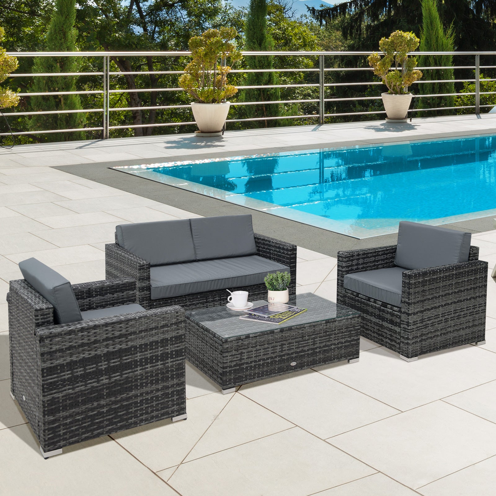 Outsunny 4 Pieces Wicker Steel Rattan Sofa Set Garden Chair Seat Furniture Patio Grey 