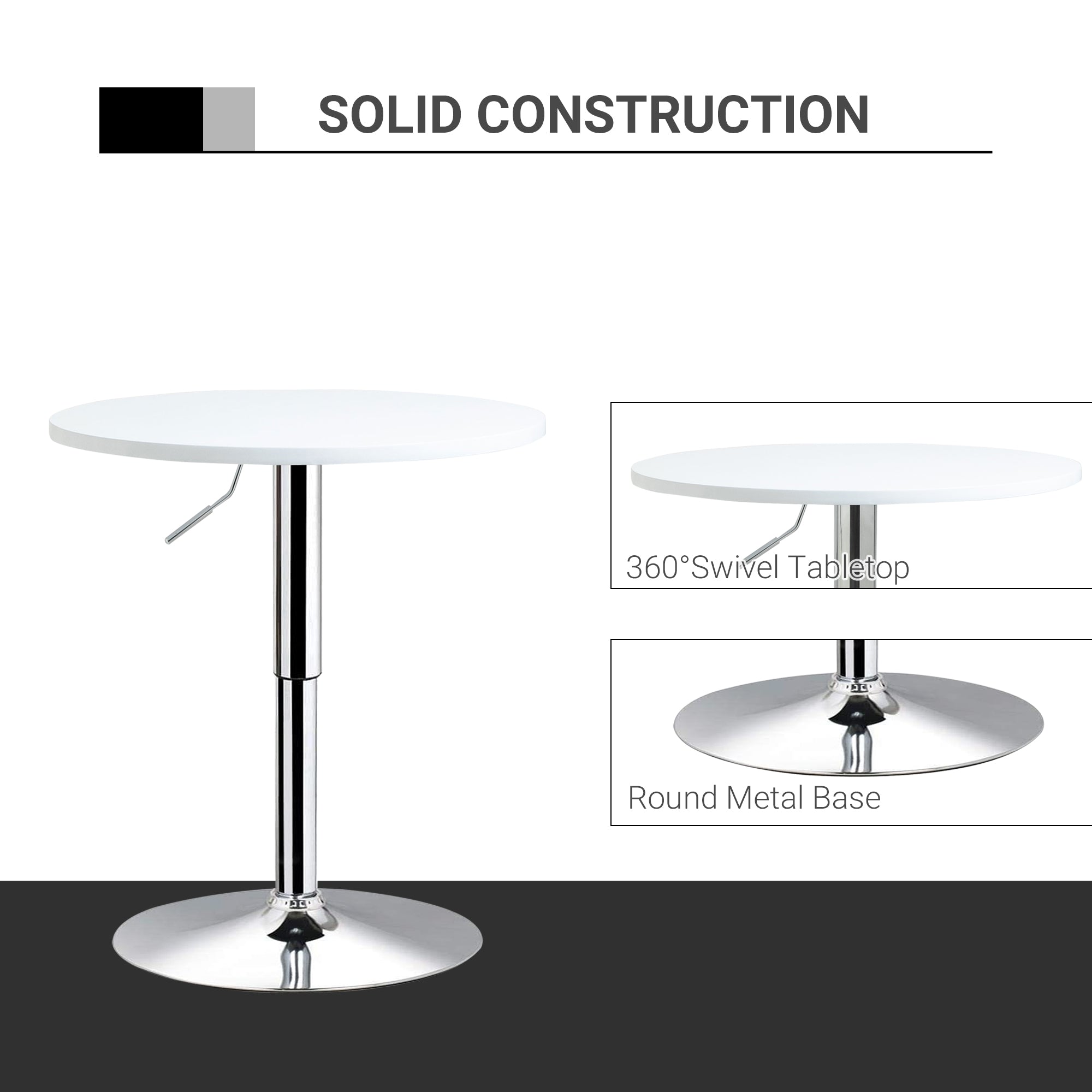HOMCOM Bar Table Φ60cm Adjustable Height Round Bistro Table w/ Swivel Top Metal Frame Counter Surface Stylish Kitchen Conservatory White 