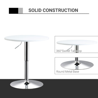 HOMCOM Bar Table Φ60cm Adjustable Height Round Bistro Table w/ Swivel Top Metal Frame Counter Surface Stylish Kitchen Conservatory White 