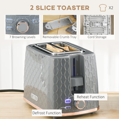 HOMCOM 1.7L 3000W Fast Boil Kettle & 2 Slice Toaster Set, Kettle and Toaster Set with Auto Shut Off, Browning Controls, Grey 