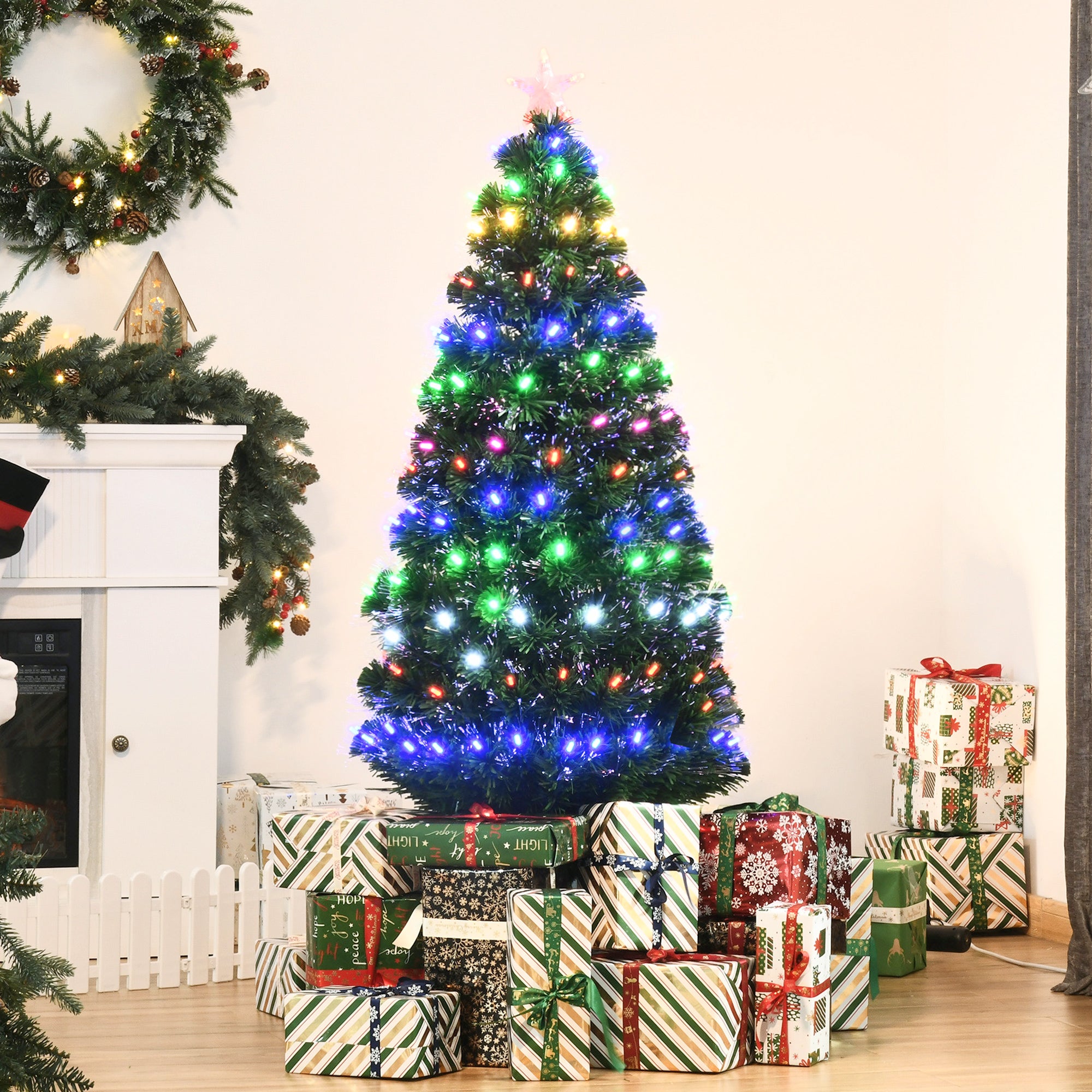 HOMCOM 5FT Pre-Lit Artificial Christmas Tree w/ Lights Star Topper Metal Base Home Seasonal Decoration 