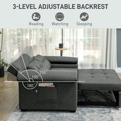 HOMCOM Pull Out Sofa Bed with 2 Pocket Springs, Fabric 2 Seater Click Clack Sofa Bed Settee, Convertible Sofa Couch with Pillows and Side Pockets for Living Room, Home Office, Charcoal Grey 