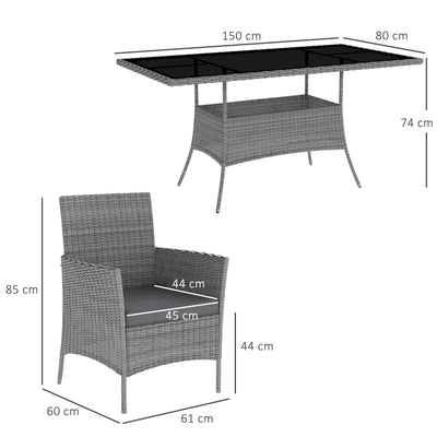 Outsunny 7-Piece Rattan Garden Furniture Set with Cushions, 6 Seater Garden Table and Chairs, Rattan Dining Set with 6 Armchairs, Rectangular Glass Top Table, Charcoal Grey 