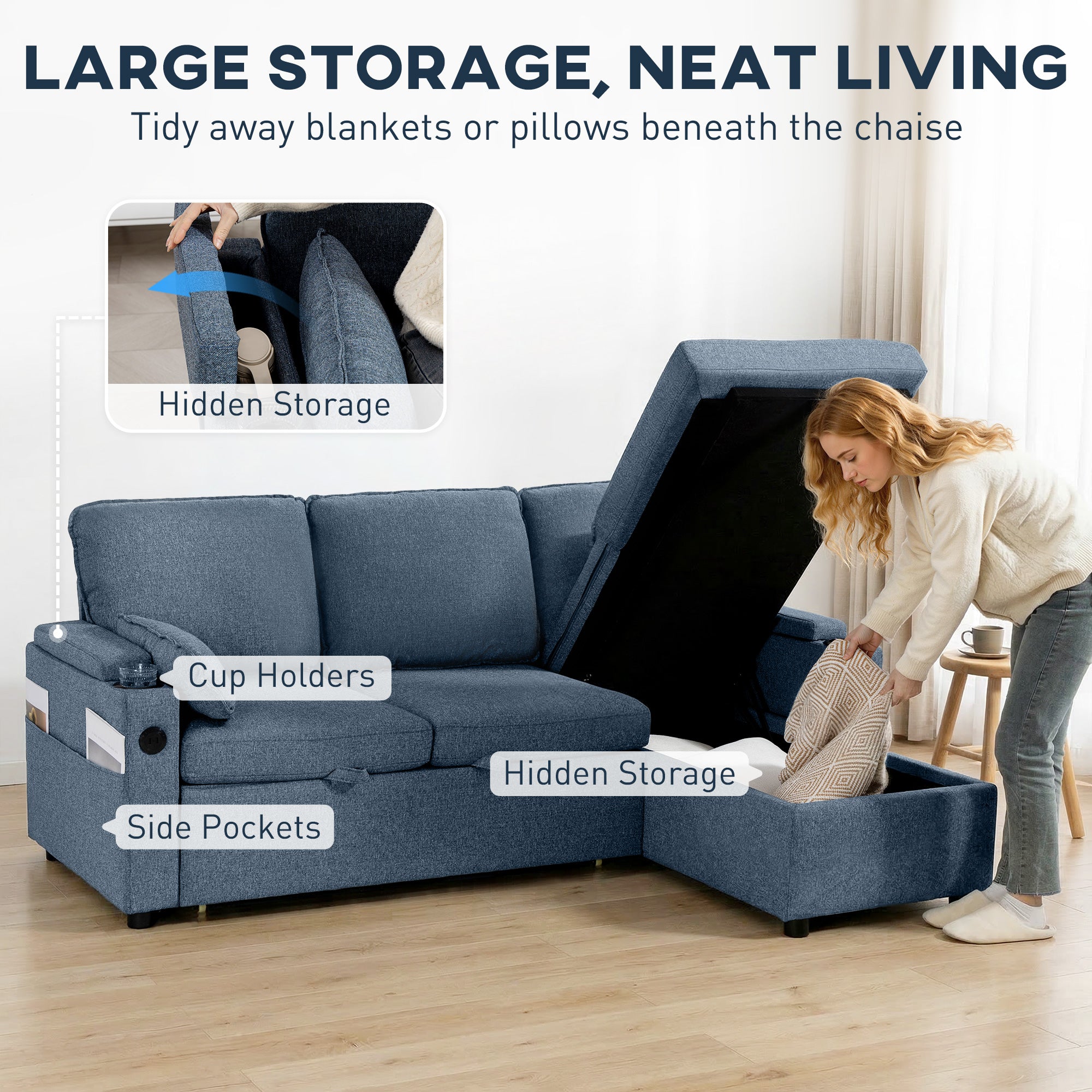 HOMCOM Corner Sofa Bed, L Shaped Sleeper Sectional Sofa with Reversible Storage Chaise, Blue 