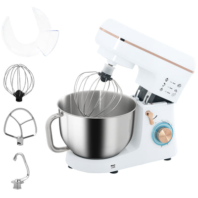 HOMCOM Stand Mixer, 5L Food Mixer for Baking, 6 Speeds and Pulse Setting, 1400W Cake Electric Kitchen Mixer with Dough Hook, Whisk, Stainless Steel Bowl, Splash Guard, Beater, White 