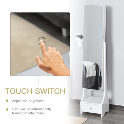 HOMCOM Jewellery Cabinet, Full Length Mirror with Storage, Free Standing Mirror with LED Lights, Hooks, Drawer and Hairdryer Holder for Bedroom, White 