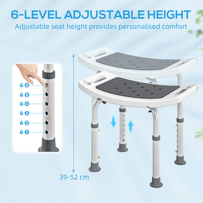 HOMCOM 6-Level Height Adjustable Aluminium Bath Room Stool Chair Shower Non-Slip Design w/ Padded Seat Drainage Holes Foot Pad, Grey 