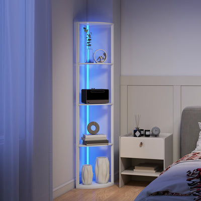 HOMCOM RGB LED Floor Lamp with Shelves, 5-Tier Dimmable Standing Lamp with Adjustable Brightness and Remote Control, Modern Corner Display Shelf Unit for Living Room Bedroom Office, White 