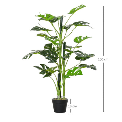 Outsunny 100cm/3.3FT Artificial Monstera Tree Decorative Cheese Plant 21 Leaves with Nursery Pot, Fake Tropical Palm Tree for Indoor Outdoor D\'c3\'a9cor, Set of 2 