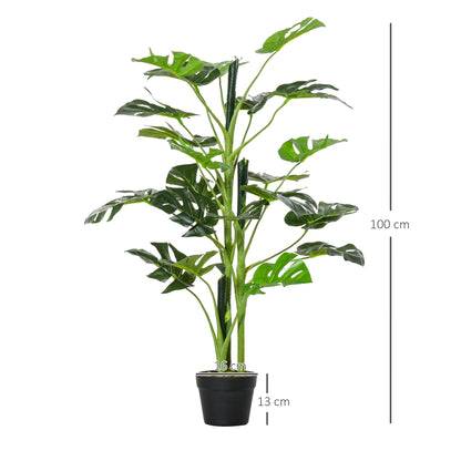 Outsunny 100cm/3.3FT Artificial Monstera Tree Decorative Cheese Plant 21 Leaves with Nursery Pot, Fake Tropical Palm Tree for Indoor Outdoor D\'c3\'a9cor, Set of 2
