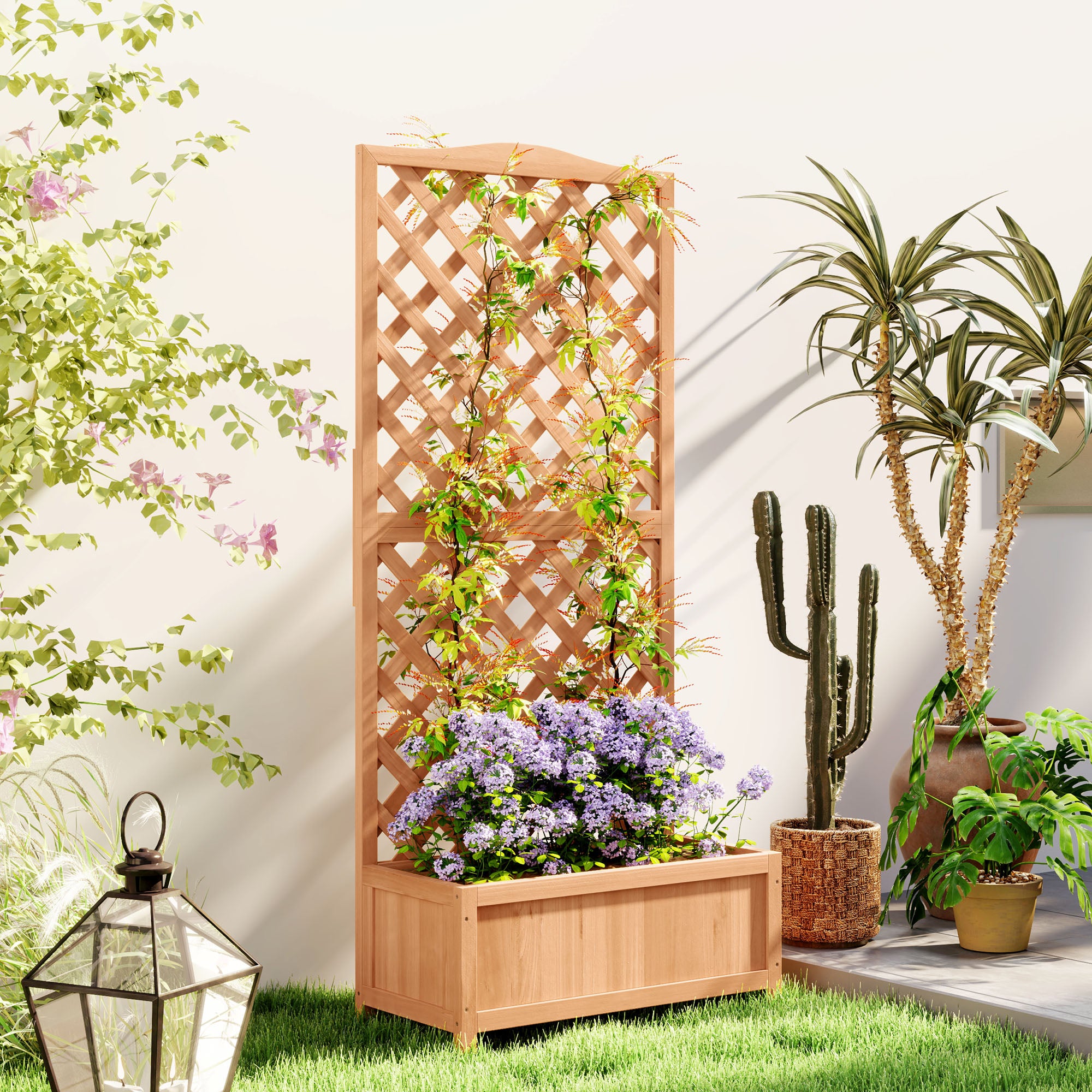 Outsunny Wooden Planter with Trellis, Freestanding Raised Bed for Garden with Lattice, Outdoor Planter Box for Climbing Plants, Vines, Flowers, 76 x 36 x 170 cm, Natural 