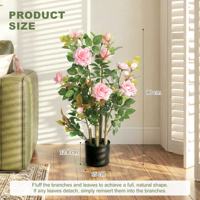 HOMCOM 90cm Artificial Rose Tree, Decorative Fake Plant with 344 Silk Leaves 17 Flowers for Outdoor Indoor Decor, Pink 