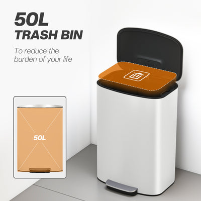 HOMCOM 50L Kitchen Bin with Soft-Close Lid and Stay-Open Function, Stainless Steel Pedal Bin with Removable Inner Bucket, Carry Handle for Kitchen, Office, Home, Cream 