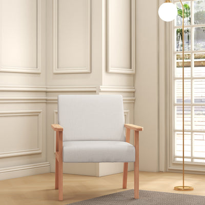 HOMCOM Accent Chair Wood Frame with Thick Linen Cushions Wide Seat Armchair Home Furniture Bedroom Office Cream White 