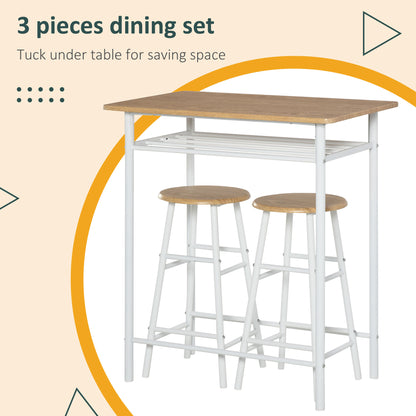 HOMCOM Bar Table Set, Bar Table and Stools Set, Footrest and Storage Shelf, for Kitchen, Dining Room, Pub, Cafe, White and Oak 