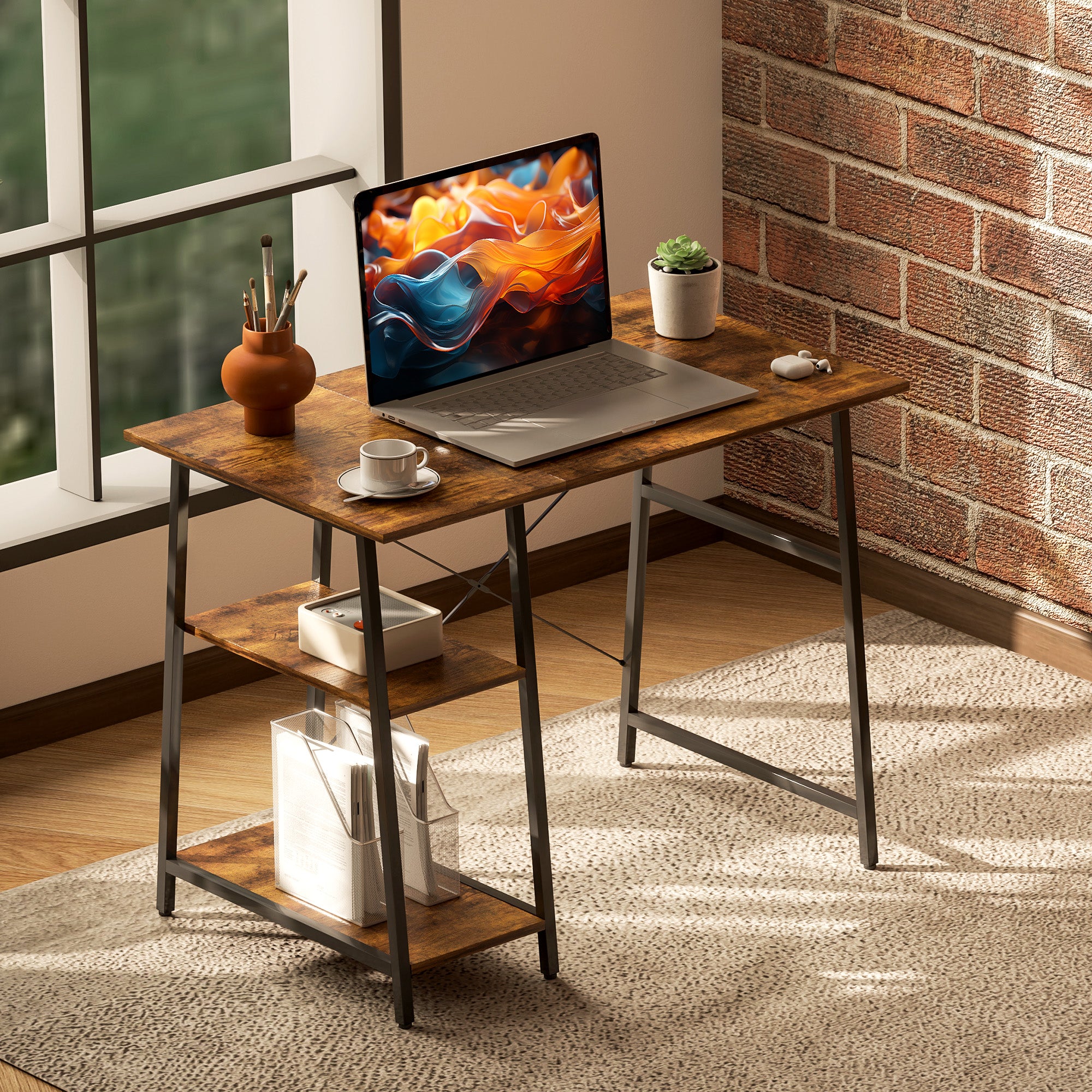 HOMCOM 100cm Computer Desk with Storage, Industrial Home Office Desk with 2 Tier Shelves and Steel Frame, Computer Table for Study Room, Rustic Brown