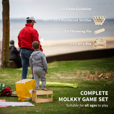 SPORTNOW Molkky Game, Wooden Skittles Throwing Game with 12 Skittles, 1 Throwing Pin and Carrying Box, Outdoor Games for Adults, Garden, Picnic, Beach, Party 