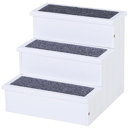 PawHut 3 Step Wooden Dog Steps Pet Stairs for Dogs, Cat Ladder for Bed Couch with Storage White 