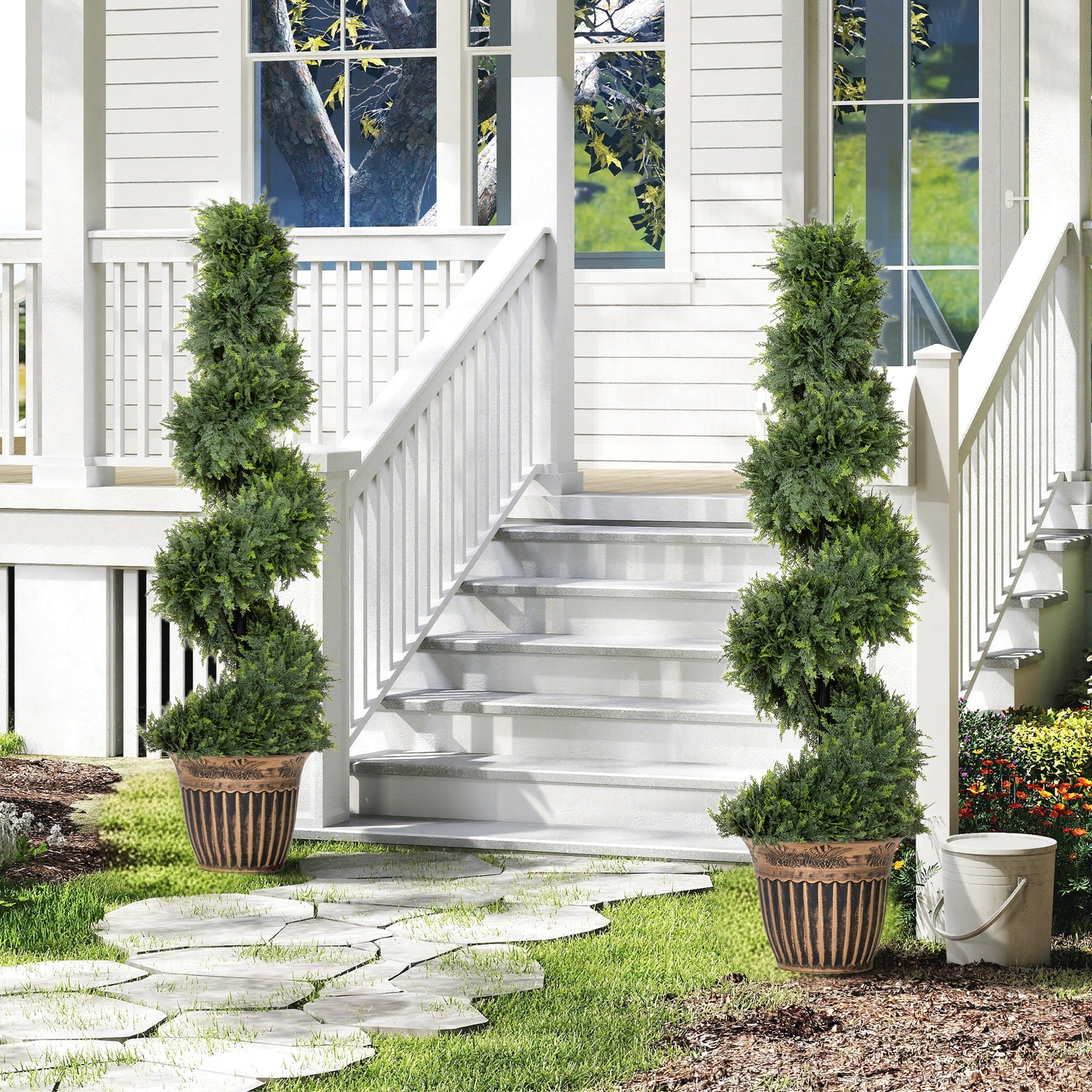 HOMCOM Set of 2 Artificial Plants, Topiary Spiral Cypressd Trees with Pot, for Home Indoor Outdoor Decor, 120cm 