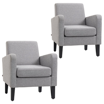 HOMCOM 2 Pieces Modern Armchairs with Rubber Wood Legs, Upholstered Accent Chairs, Single Sofa for Living Room, Bedroom, Light Grey 