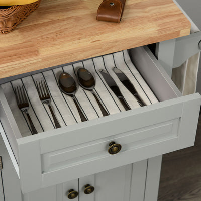 HOMCOM Rolling Kitchen Island Storage Trolley with Rubber Wood Top & Drawers for Dining Room, Grey 