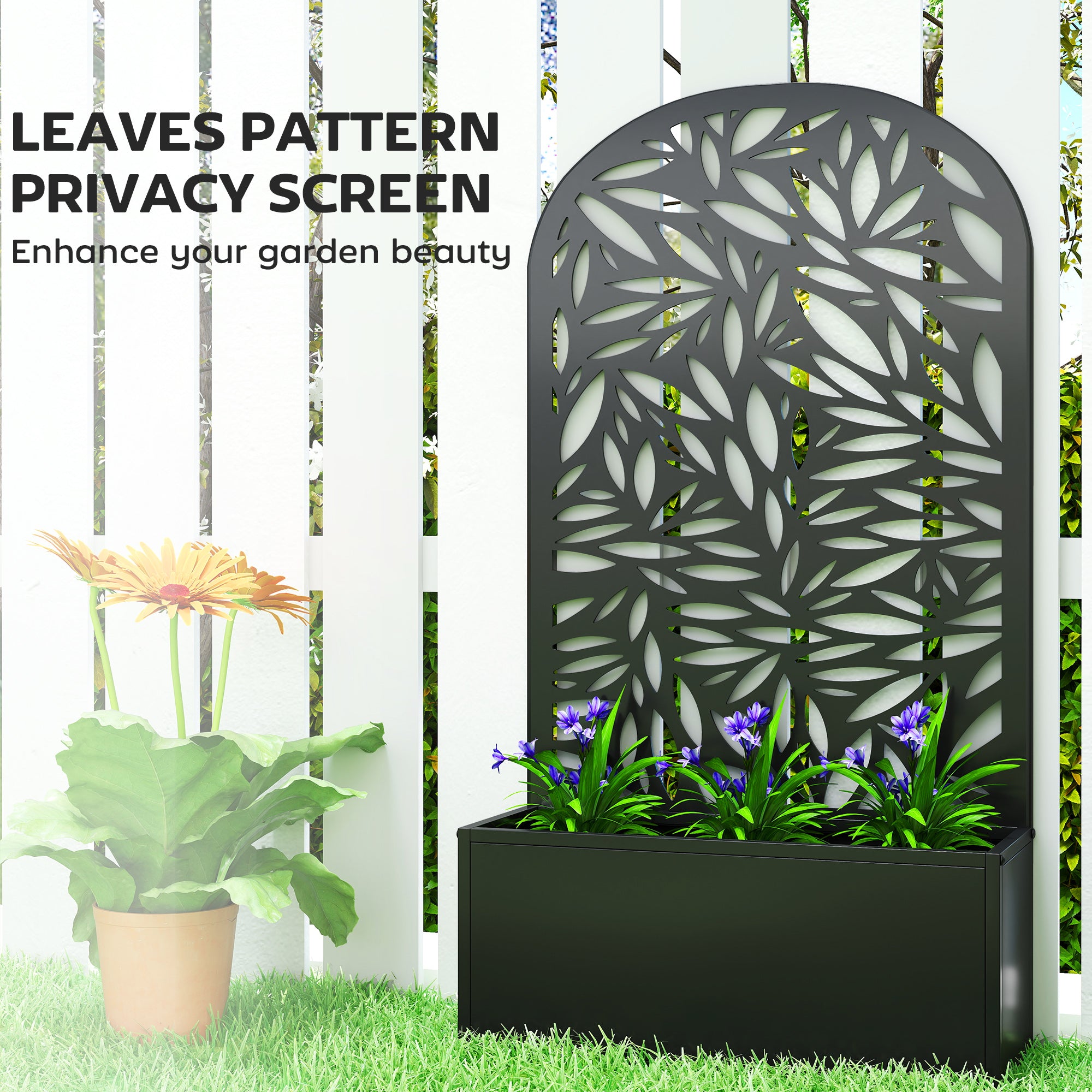 Outsunny Metal Garden Bed for Garden with Trellis, Wall Mounted or Freestanding Raised Planter with Curved Privacy Screen 