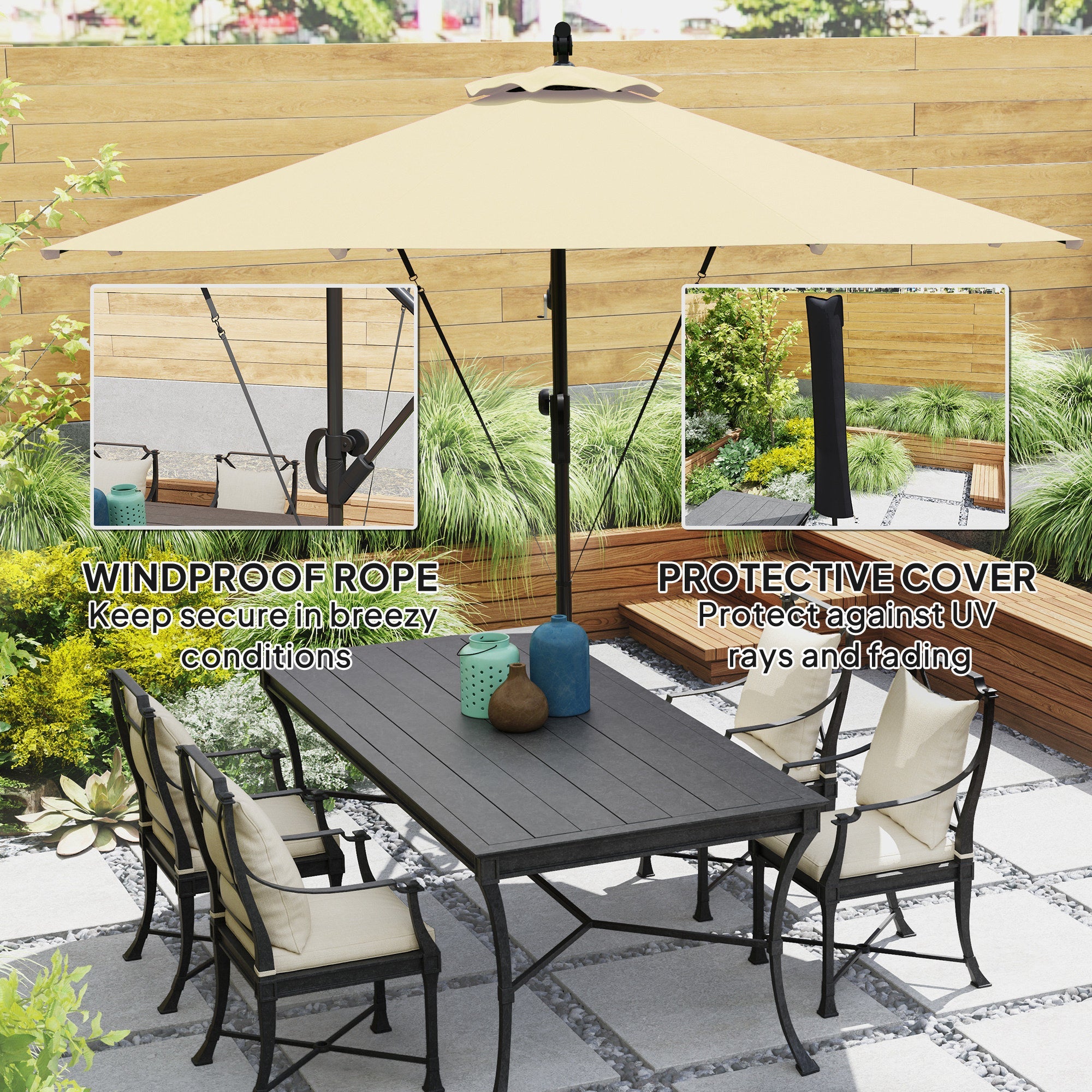 Outsunny 3(m) Garden Cantilever Parasol with Cover and Wind Protection Strap, Round Overhanging Umbrella with Crank Handle and Tilt, Banana Patio Umbrella for Outdoor Sun Shade, UPF50+, Khaki 