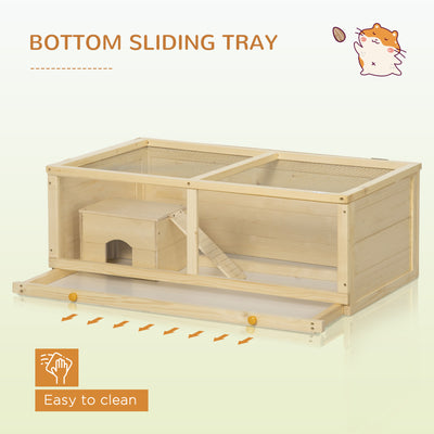 PawHut Wooden Hamster Cage with Sliding Tray, Openable Top, Hut for Syrian Hamsters, Natural Wood 