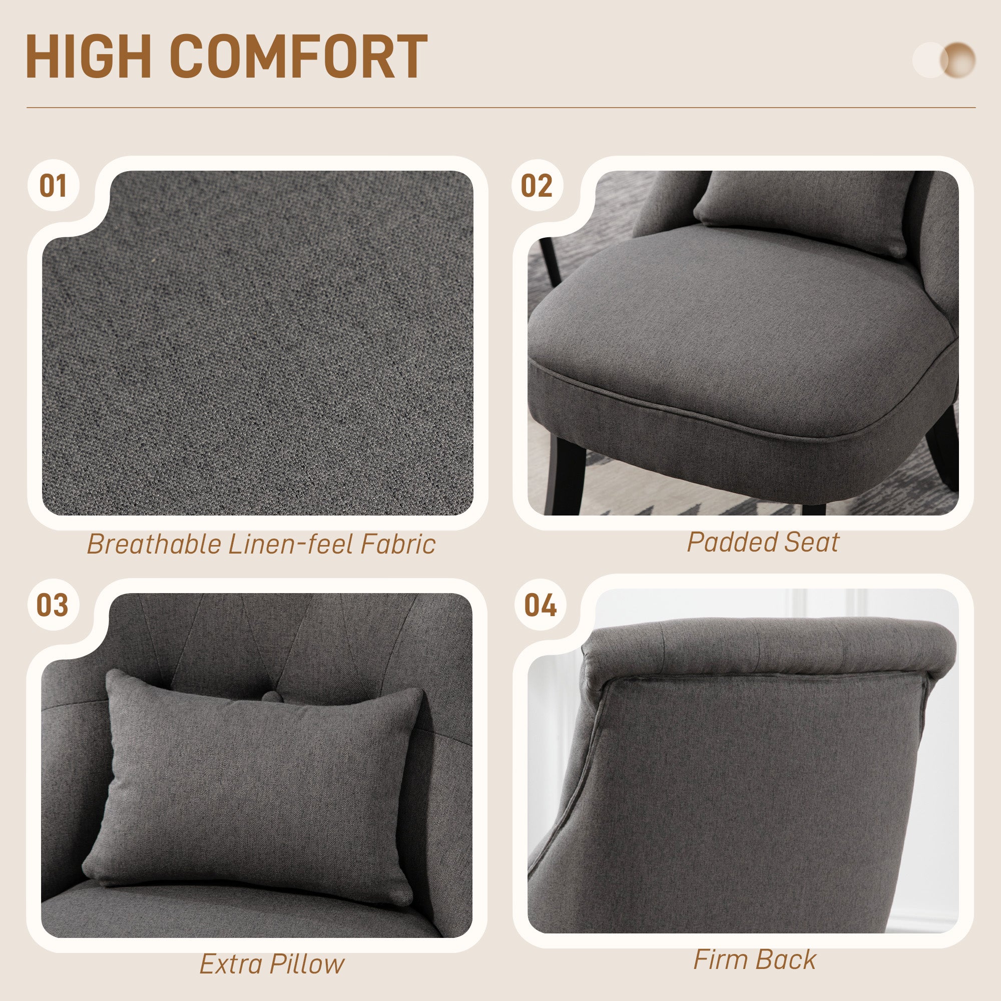 HOMCOM Fabric Single Sofa Dining Chair Tub Chair Upholstered W/ Pillow Solid Wood Leg Home Living Room Furniture Charcoal Grey