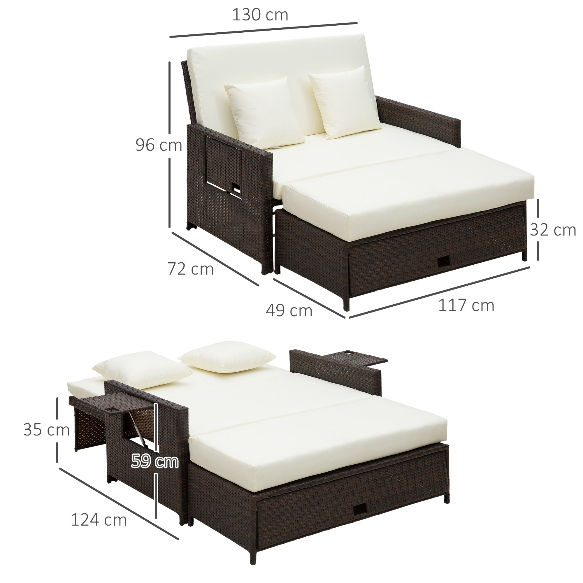 Outsunny Rattan Sun Lounger 2 Seater Day Bed-Brown 