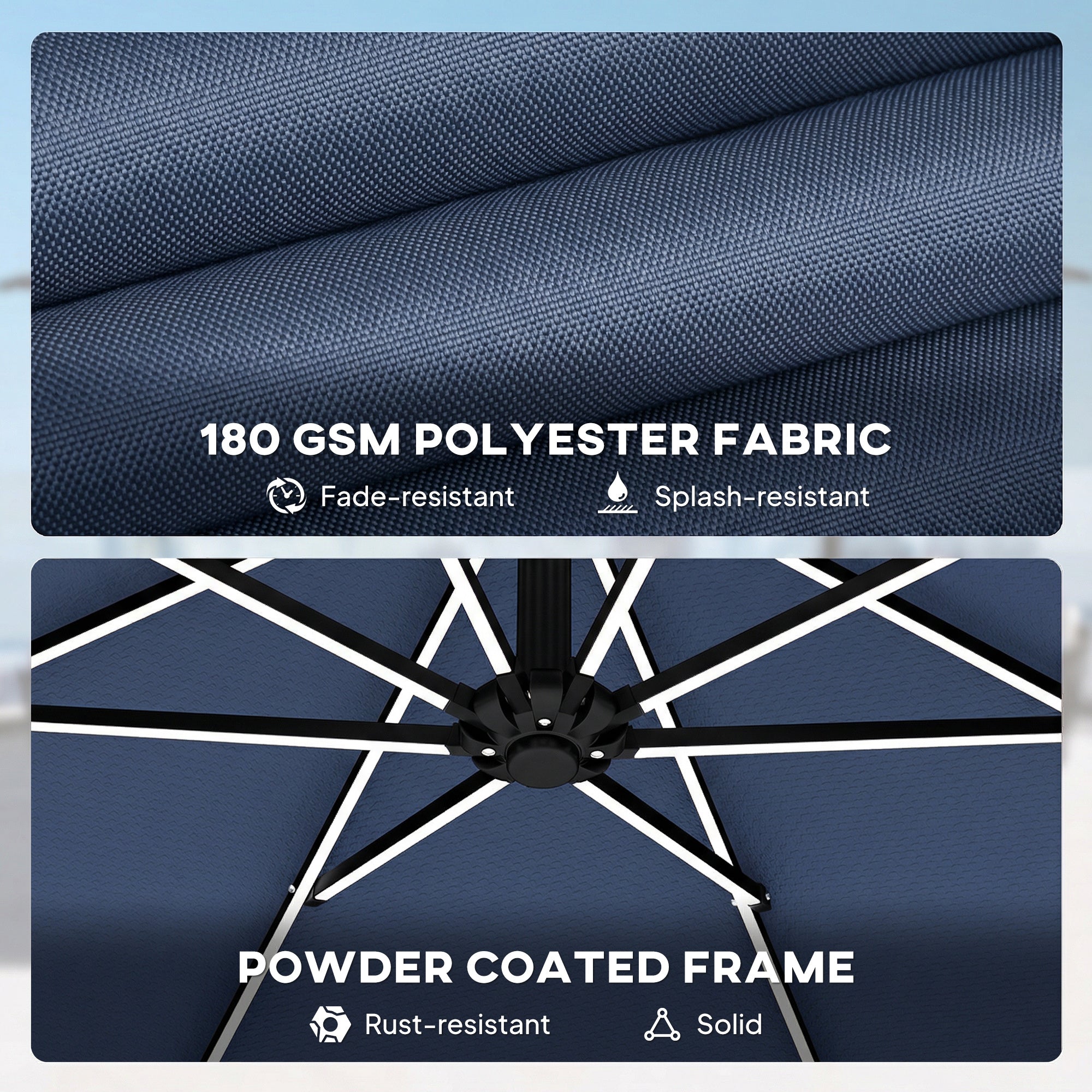 Outsunny 3 m Garden Cantilever Parasol with LED Solar Light, Round Overhanging Umbrella with 360° Rotation, Cover, Navy Blue 