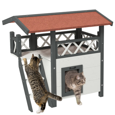 PawHut Cat House Outdoor w/ Balcony Stairs Roof, 77 x 50 x 73 cm, White 