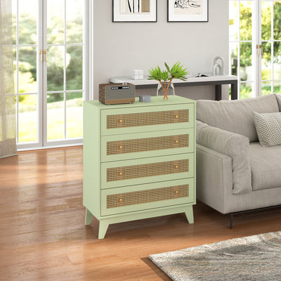HOMCOM Chest of Drawers, 4-Drawer Storage Organiser Unit with Rattan Element for Bedroom, Living Room, Light Green 