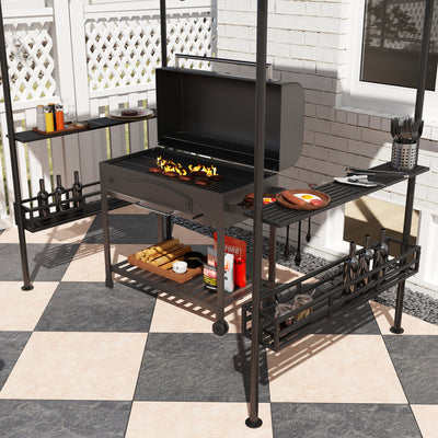 Outsunny 8' x 5' Grill Gazebo Canopy, Double Tiered Outdoor BBQ Gazebo Shelter with 2 Side Shelves, Storage Baskets, Hook for Garden, Patio, Barbecue, Picnic, Beige 