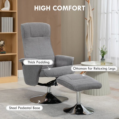 HOMCOM Swivel Recliner Chair with Footstool, Velvet Recliner Armchair with Ottoman, Steel Base, Upholstered Reclining Chair for Living Room, Bedroom, Office, Grey 