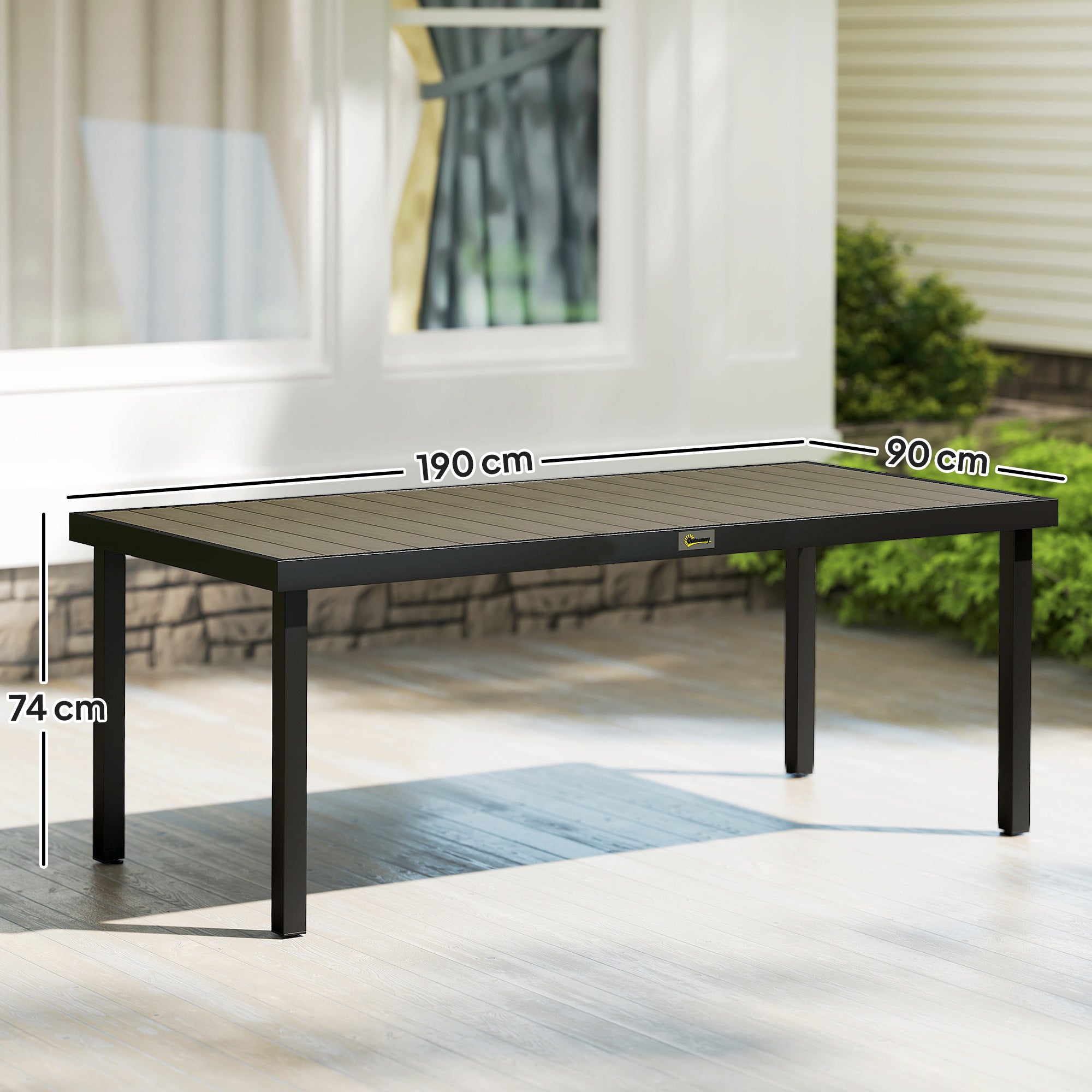 Outsunny Aluminium Outdoor Garden Dining Table for 8 People, Faux Wood Top, for Garden, Patio, 190 x 90 x 74cm, Brown 