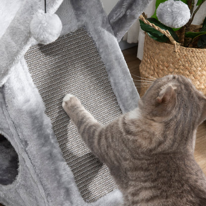 PawHut Two Tier Cat Tree for Indoor Cats Play Rest Activity Tower Plush Folding Relax Center w/ Scratching Post Hammock Pom Poms Grey 