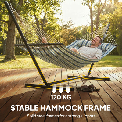 Outsunny Outdoor Hammock with Stand Detachable Pillow Striped Swing Steel Frame, for Garden, Patio, Green 