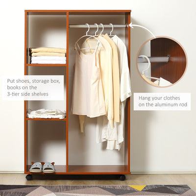 HOMCOM Open Wardrobe on Wheels, Bedroom Wardrobe with Clothes Hanging Rail, 3 Storage Shelves, Mobile Garment Rack for Cloakroom, Hallway, Walnut 