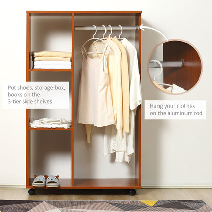 HOMCOM Open Wardrobe on Wheels, Bedroom Wardrobe with Clothes Hanging Rail, 3 Storage Shelves, Mobile Garment Rack for Cloakroom, Hallway, Walnut 