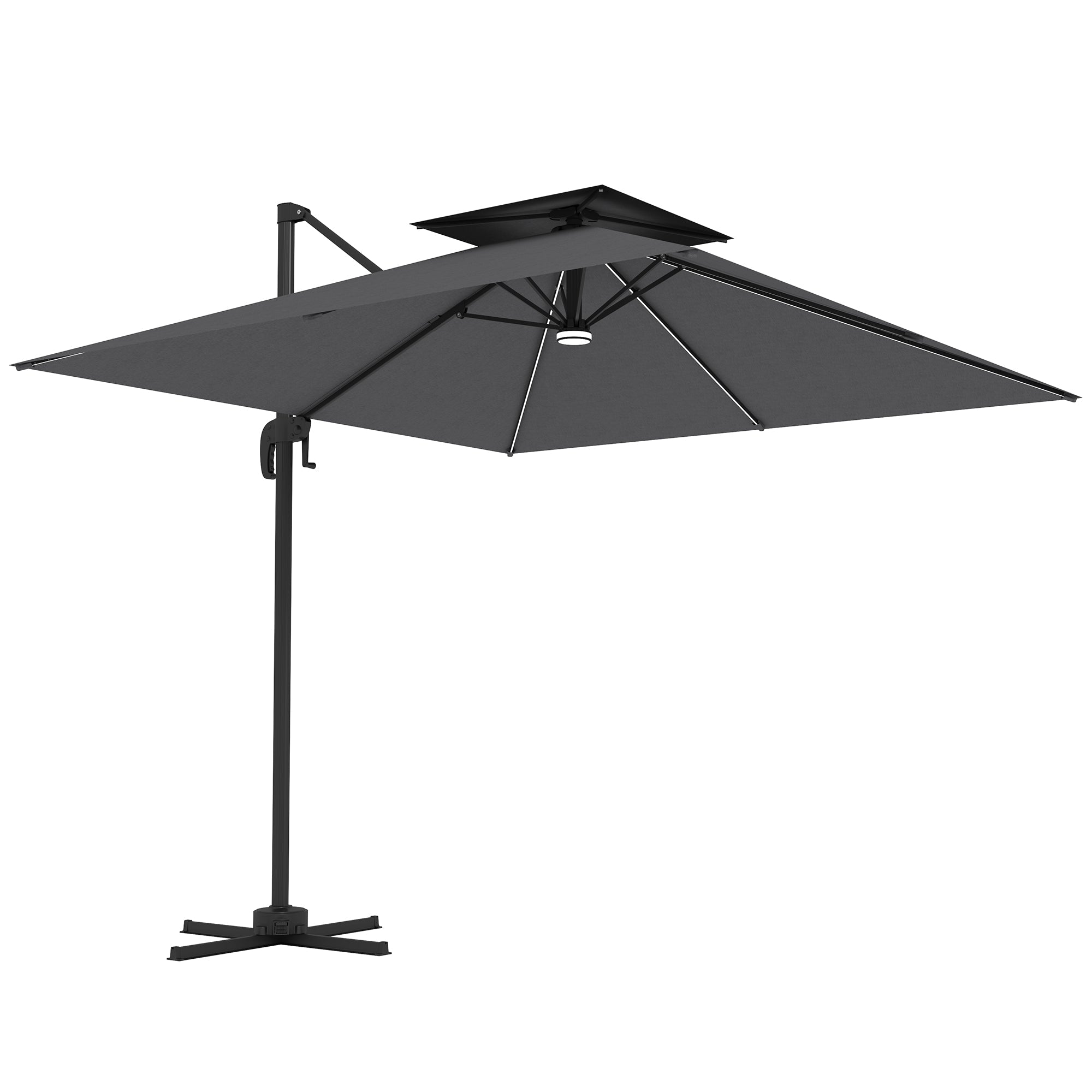 Outsunny 2.5m Cantilever Parasol with Solar Powered LED Lights, 360° Rotation, Tilt Adjustment, Crank Handle, Dark Grey 